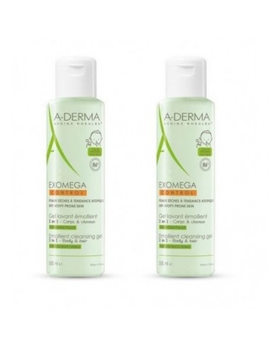 A-Derma Exomega Control Gel Limpiador Emoliente 2 En 1 Cuerpo Y Cabello 2 Envases 500 Ml Pack