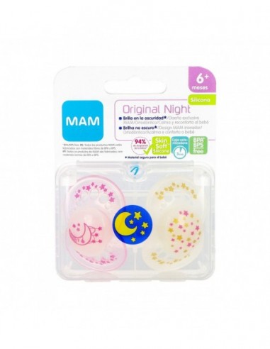 CHUPETE SILICONA FISIOLOGICO MAM ORIGINAL NIGHT + 6 MESES A PACK DOBLE