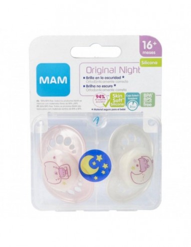 CHUPETE SILICONA FISIOLOGICO MAM ORIGINAL NIGHT + 16 MESES A PACK DOBLE