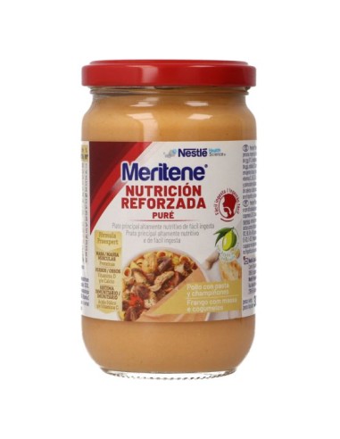 MERITENE PURE 1 FRASCO 300 G SABOR POLLO PASTA Y CHAMPIÑONES