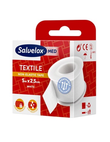 ESPARADRAPO SALVELOX TEXTIL 1 UNIDAD 5 M X 2,5 CM COLOR BLANCO