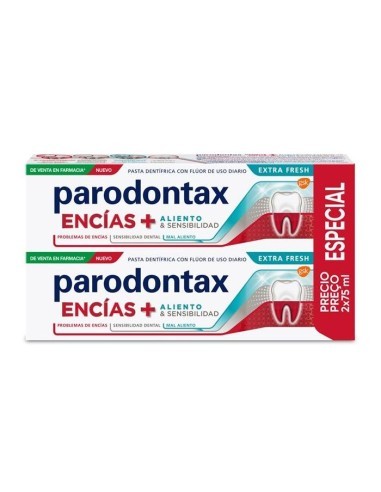 PACK DUPLO PARODONTAX ENCIAS + ALIENTO & SENSIBILIDAD EXTRA FRESH 1 TUBO 2 X 75 ML