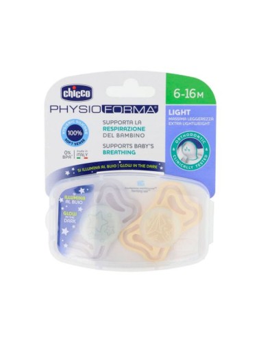 CHUPETE SILICONA CHICCO PHYSIOFORMA LIGHT LUMINOSO 6 - 16 MESES 2 UNIDADES