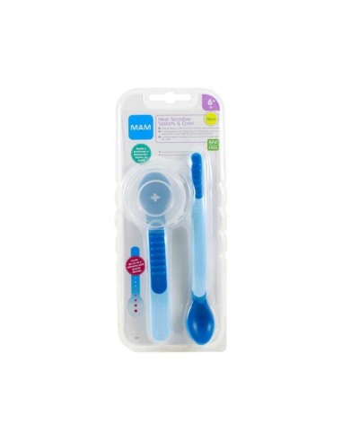 CUCHARA CON PUNTAS SENSIBLES AL CALOR MAM HEAT SENSITIVE SPOON & COVER 2 UNIDADES COLOR AZUL